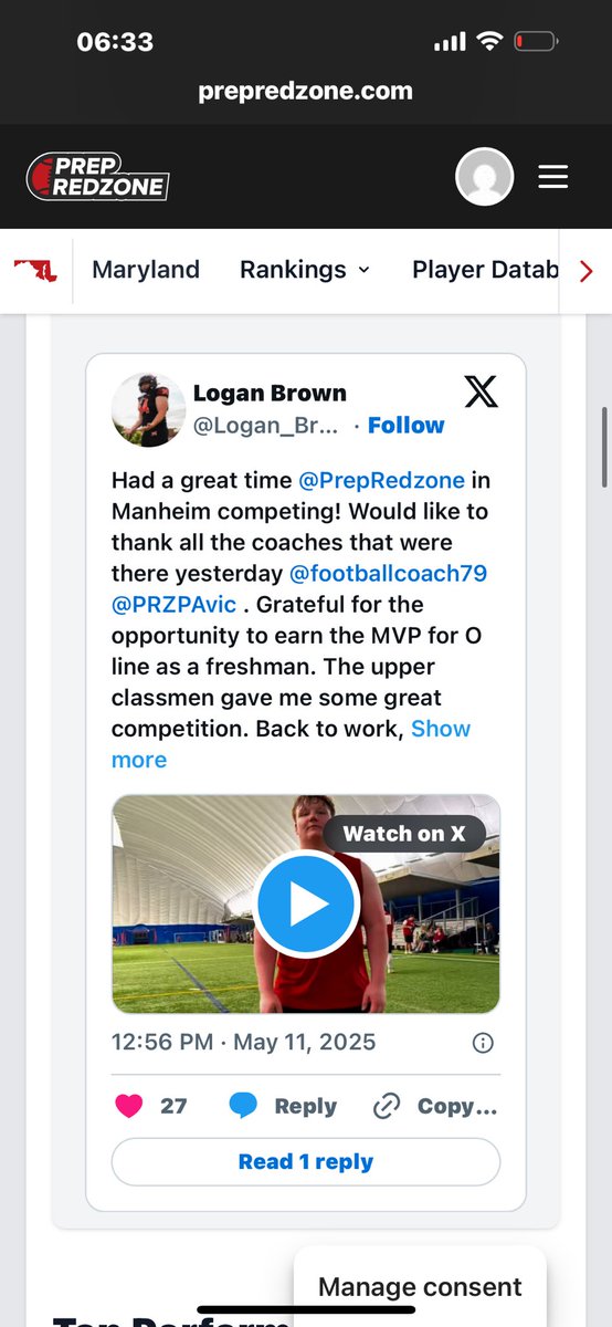 Logan Brown (@logan_brown_54) on Twitter photo I appreciate the <a href="/PrepRedzone/">Prep Redzone 🏈</a> write up <a href="/carljfred/">Carl Frederick</a> . Definitely honored as a freshman to be highlighted! Can’t wait to come back next year.
<a href="/PRZVicCastillo/">VicCastilloPRZ</a>
<a href="/footballcoach79/">coachweider</a>
<a href="/CoachJaimieT/">Coach Jaimie</a>
<a href="/EdOBrienCFB/">EdOBrienCFB</a>
<a href="/MohrRecruiting/">Brian Mohr</a>
<a href="/RivalsFriedman/">Adam Friedman</a>
<a href="/unleash_martin/">Johnnie Martin</a>
<a href="/DMV_Hype/">the DMV Hype</a> I appreciate the <a href="/PrepRedzone/">Prep Redzone 🏈</a> write up <a href="/carljfred/">Carl Frederick</a> . Definitely honored as a freshman to be highlighted! Can’t wait to come back next year.
<a href="/PRZVicCastillo/">VicCastilloPRZ</a>
<a href="/footballcoach79/">coachweider</a>
<a href="/CoachJaimieT/">Coach Jaimie</a>
<a href="/EdOBrienCFB/">EdOBrienCFB</a>
<a href="/MohrRecruiting/">Brian Mohr</a>
<a href="/RivalsFriedman/">Adam Friedman</a>
<a href="/unleash_martin/">Johnnie Martin</a>
<a href="/DMV_Hype/">the DMV Hype</a>