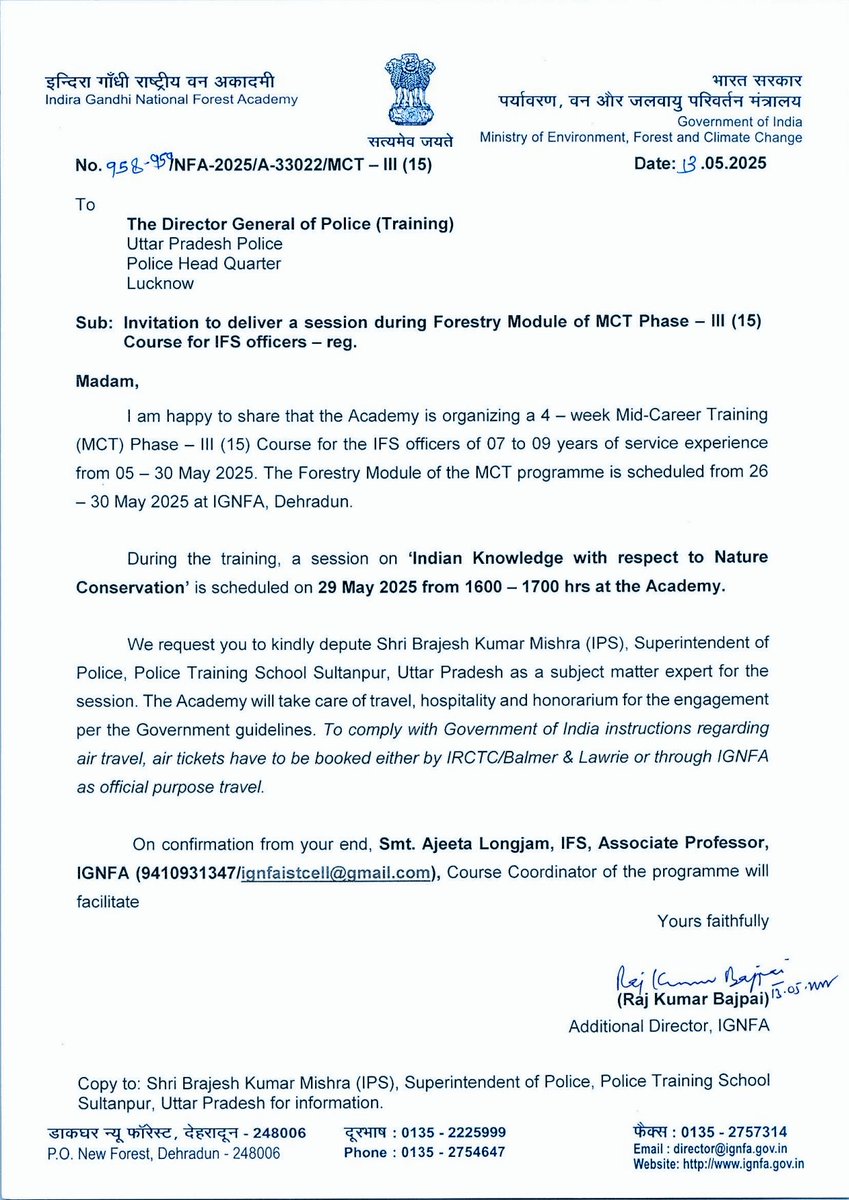 इंदिरा गाँधी राष्ट्रीय वन अकादमी, देहरादून द्वारा "प्रकृति संरक्षण के विशेष सन्दर्भ में भारतीय ज्ञान पद्धति" विषय पर भारतीय वन सेवा (IFS) के वरिष्ठ अधिकारियों को सम्बोधित करने हेतु मुझे आमंत्रित किया गया है | मेरे द्वारा यह व्याख्यान दि. 29/5/25 को सायंकाल राष्ट्रीय वन अकादमी,