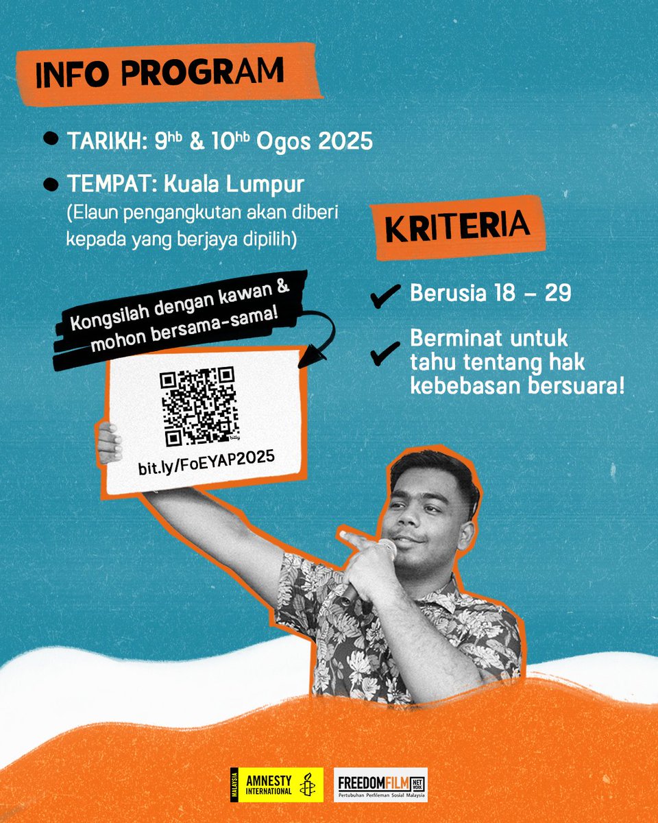 Program Advokasi Belia untuk Kebebasan Bersuara atau Freedom of Expression Youth Advocacy Program (FoEYAP) sekarang dibuka untuk permohonan!

Jom tahu lebih lanjut &amp; mohon sekarang di: bit.ly/FoEYAP2025