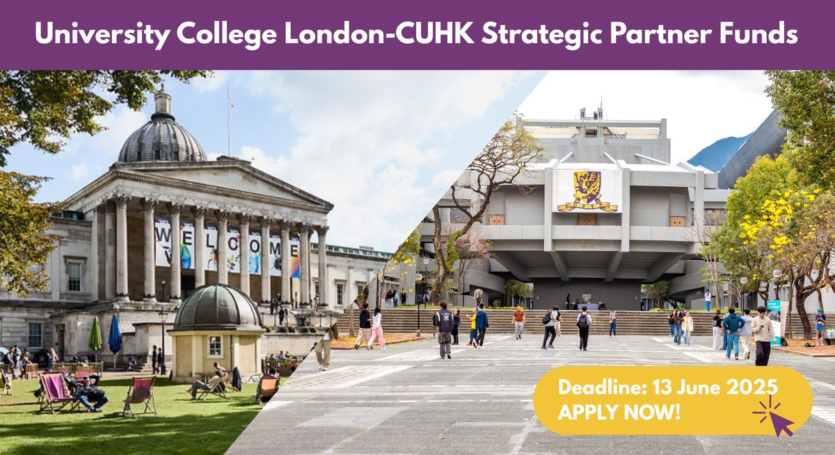 #CUHK and @UCL have launched the UCL-CUHK Strategic Partner Funds. Each selected project will receive GBP 10,000 (UCL) &amp; HKD 100,000 (CUHK). All fields are welcome. 3 proposals will be selected.

Deadline: 23:59, 13 June (UK time)

Apply now: oal.cuhk.edu.hk/ucl-cuhk_strat…