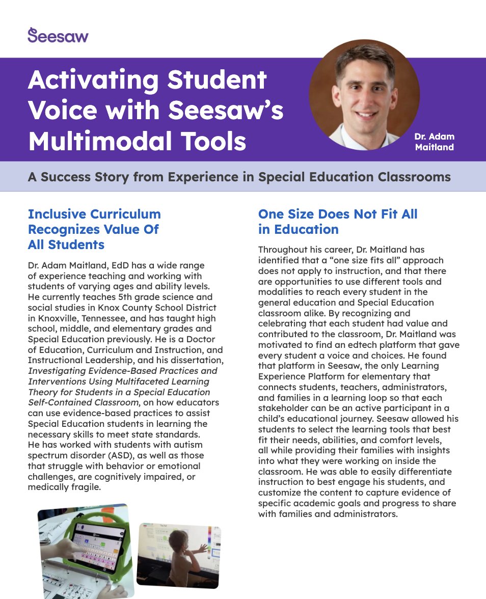 Seesaw's tweet image. 🎉 Celebrate Success!
Dr. Adam Maitland used Seesaw’s multimodal tools to help his special education students find their voice—and shine. 💬📱
“Seesaw lets all students access learning & show what they know.” – Dr. Maitland
👏 Read more: bit.ly/3YTyvwh…