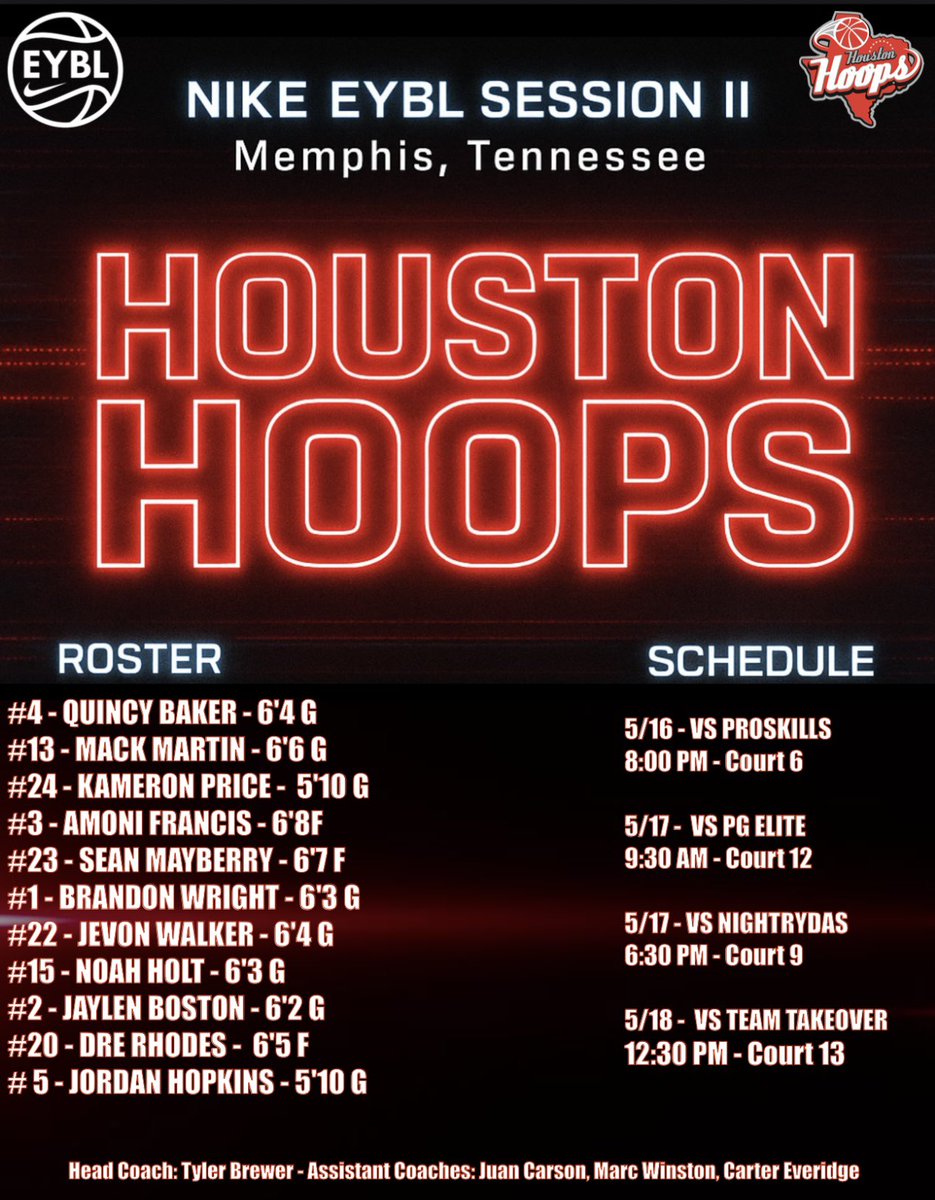 Houston Hoops 16s EYBL (@houstonhoops16s) on Twitter photo Coaches & Media
This is our schedule for <a href="/NikeEYB/">EliteYouthBasketball</a> Session II in Memphis ๐
<a href="/AniUmana/">Ani Umana</a> <a href="/theoneeyedscout/">The One Eyed Scout</a> <a href="/bigsloan32/">Marcus Sloan</a> <a href="/TexasHoopsGASO/">TexasHoops/GASO ๐</a> <a href="/BJenkins247/">Brandon Jenkins</a> <a href="/ebosshoops/">Eric Bossi</a> <a href="/BuffThe806GM/">Kellen Buffington</a> <a href="/djones8301/">Doug Jones</a> <a href="/PaulBiancardi/">Paul Biancardi</a> <a href="/247Sports/">247Sports</a> Coaches & Media
This is our schedule for <a href="/NikeEYB/">EliteYouthBasketball</a> Session II in Memphis ๐
<a href="/AniUmana/">Ani Umana</a> <a href="/theoneeyedscout/">The One Eyed Scout</a> <a href="/bigsloan32/">Marcus Sloan</a> <a href="/TexasHoopsGASO/">TexasHoops/GASO ๐</a> <a href="/BJenkins247/">Brandon Jenkins</a> <a href="/ebosshoops/">Eric Bossi</a> <a href="/BuffThe806GM/">Kellen Buffington</a> <a href="/djones8301/">Doug Jones</a> <a href="/PaulBiancardi/">Paul Biancardi</a> <a href="/247Sports/">247Sports</a>