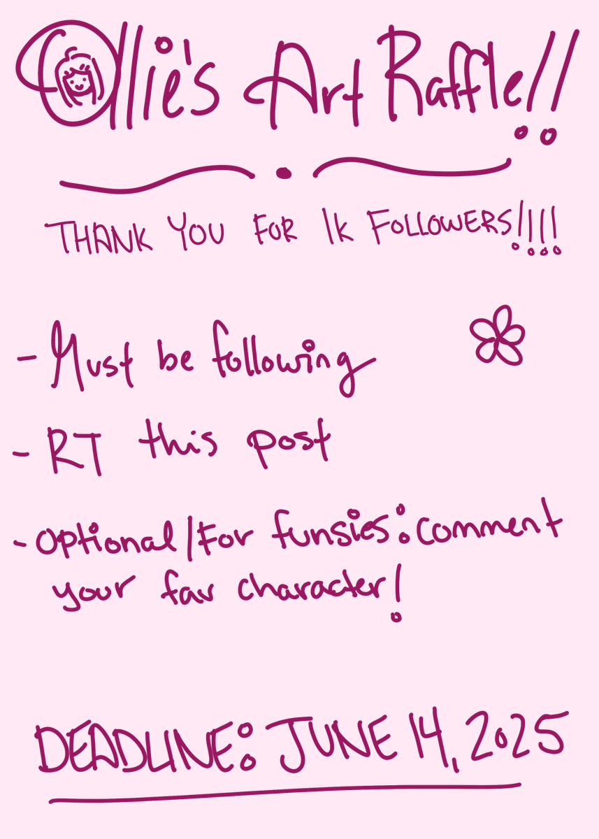 1K FOLLOWERS ART RAFFLE!! 🌺🌟

✩ Thank you sooo much for 1k followers!! 😭 targeted toward drtwt but anyone can join!!! 

RULES: 
✩ must be following
✩ RT this post
✩ optional/for funsies: comment your fav(s)! 
✩ Extra info in replies

✩ DEADLINE: JUNE 14, 2025 ✩