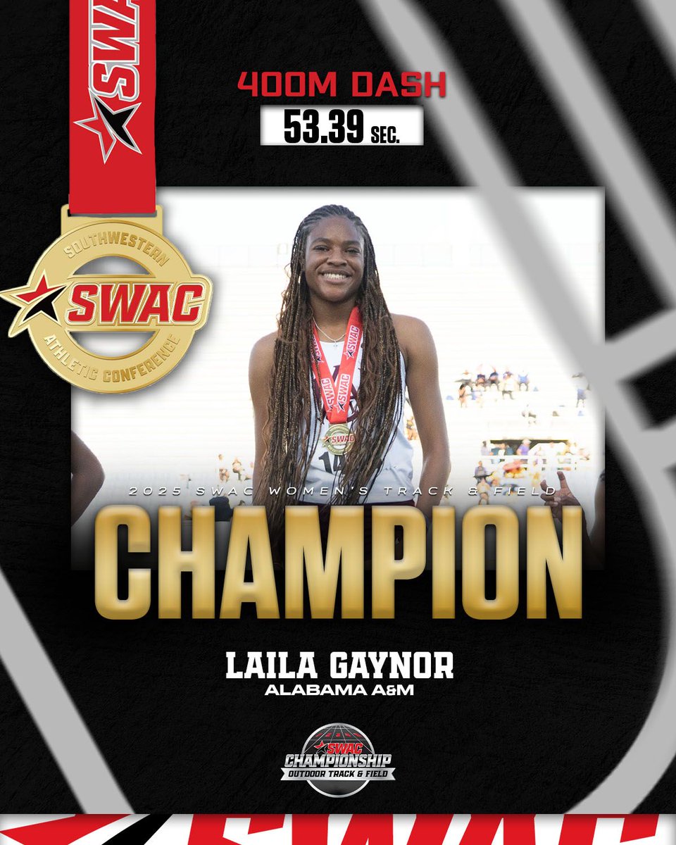🥇 𝐒𝐖𝐀𝐂 𝐂𝐡𝐚𝐦𝐩𝐢𝐨𝐧🥇

Laila Gaynor is the winner of the #SWACOTF Women's 400m Dash!

#SWACOTF | #BuildingChampionsForLife