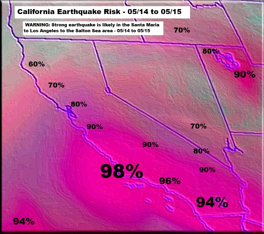 Quakeprediction's tweet photo. 🚨 36-HOUR WARNING: A strong earthquake is likely (major quake possible) northwest of Los Angeles along the San Andreas Fault from May 14 to May 15.
🔴 This is the 4th strong signal in Western California within 30 days:
1️⃣ April 18
2️⃣ May 1
3️⃣ May 10
4️⃣ May 14
⚠️ Please stay prepared and share this with friends and family. #EarthquakeAlert #SoCalSafety