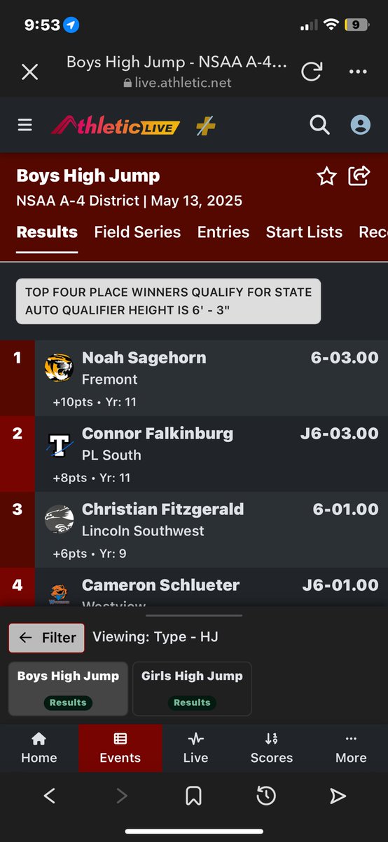 ChristanFitz11's tweet image. 3rd place high jump at Nebraska A4 district Championship | Bar at 6’1 | Class of 2028