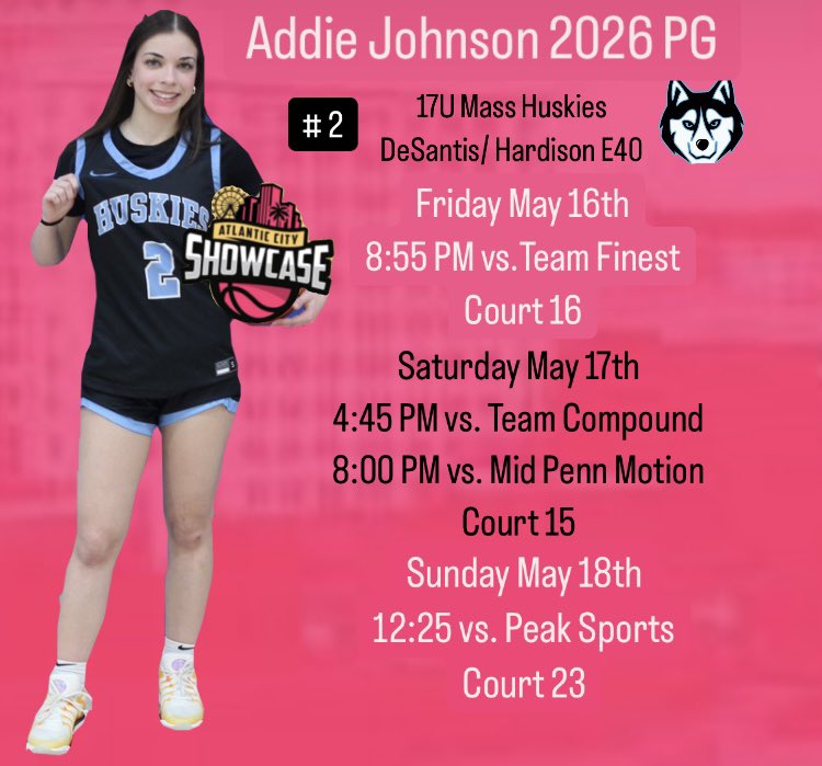addiej2026's tweet image. Here is my schedule for this weekend in Atlantic City! Can’t wait to compete with my team! @MAHuskies @SelectEventsBB