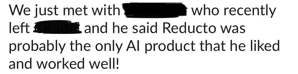 Getting messages like this from ppl unassociated w Reducto makes me so happy (and also sad bc it shows there are so few AI products that have made a big impact on enterprises)…. This is the 2nd large enterprise co I’ve heard say this about <a href="/reductoai/">Reducto</a> 🙌