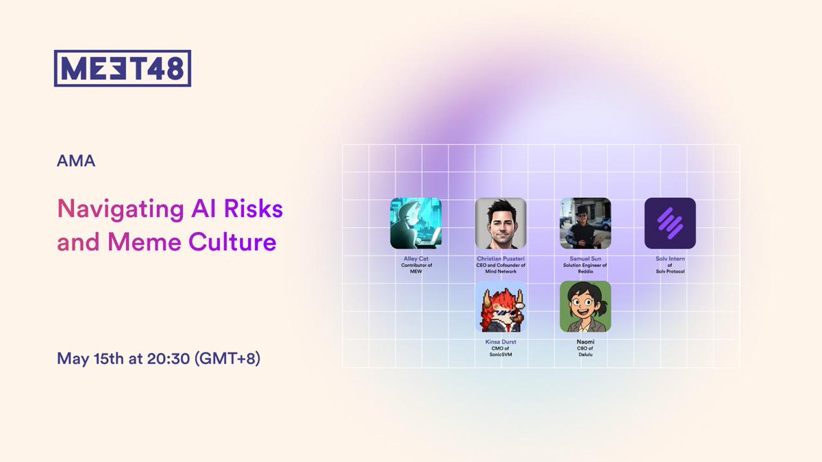 This week, prepare for an exhilarating discussion as we explore how AI transforms user experience and business models with MEW, Mind Network, Reddio, Solv Protocol, SonicSVM &amp; Delulu.

🗓️ Date: Thursday, May 15
🕗 Time: 20:30 (GMT+8)
x.com/i/spaces/1mnGe…

Don’t miss this
