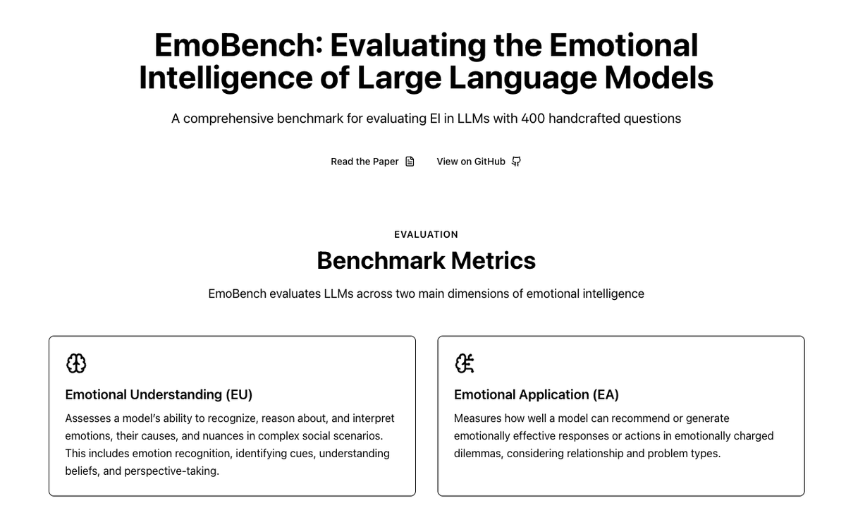 SahandSabour's tweet photo. The leaderboard for EmoBench is now live at https://t.co/gjXvzKagxi 🚀 This also includes results from some newer LLMs (compared to the original paper).
Next step -> updating the repo with a bunch of very much needed improvements (https://t.co/ttNkSNtl4j) https://t.co/pEyD8RvbO0