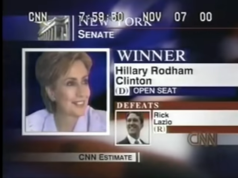 ElectionVintage's tweet image. In one of many times that @HillaryClinton made history during her career, she became the first (and to date only) First Lady to be elected to public office when she defeated Rep. Rick Lazio (R) to be elected Senator from New York. This was called right when the polls closed.
