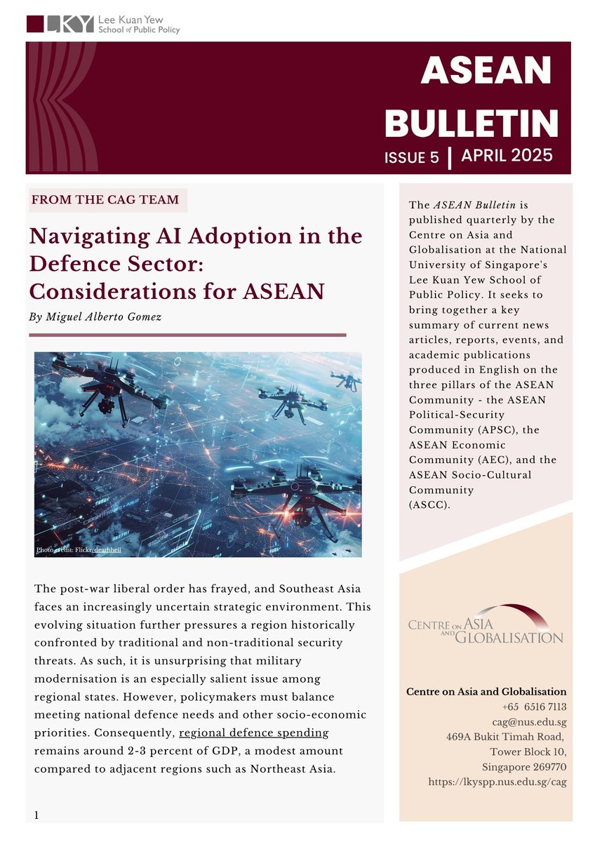 Centre on Asia and Globalisation (@cag_lkyspp) on Twitter photo Check out the 5th issue of the ASEAN Bulletin (Jan–Apr)! Explore the challenges of global economic shifts, regional defence cooperation, and cultural exchange beyond Southeast Asia. Featuring insights by Miguel Gomez from <a href="/CAG_LKYSPP/">Centre on Asia and Globalisation</a>. #ASEANBulletin
lkyspp.nus.edu.sg/cag/publicatio… Check out the 5th issue of the ASEAN Bulletin (Jan–Apr)! Explore the challenges of global economic shifts, regional defence cooperation, and cultural exchange beyond Southeast Asia. Featuring insights by Miguel Gomez from <a href="/CAG_LKYSPP/">Centre on Asia and Globalisation</a>. #ASEANBulletin
lkyspp.nus.edu.sg/cag/publicatio…