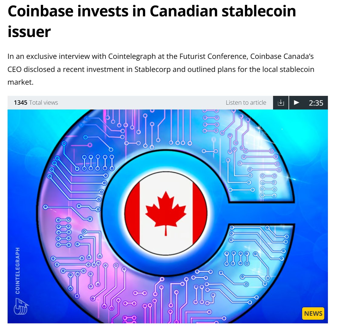 Coinbase投资加拿大稳定币发行商Stablecorp 5月14日消息，加密交易所Coinbase加拿大分公司首席执行官Lucas  Matheson在多伦多举行的Blockchain Futurist大会期间透露，Coinbase已与加拿大稳定币 发行方Stablecorp达成合作，旨在扩大对代币化加元的访问权限。