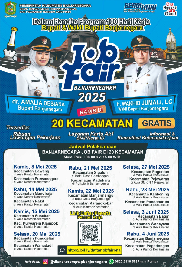 Jobseekers Banjarnegara, ada Jobfair di tempat kalian lho! Jobfairnya mulai tanggal 8 Mei sd. 4 Juni 2025, dan tersebar di 20 kecamatan.

#InfoJobfairMei2025 #InfoJobfairJuni2025 #InfoJobfairBanjarnegara2025

Sumber: instagram.com/disnakerpmptsp…