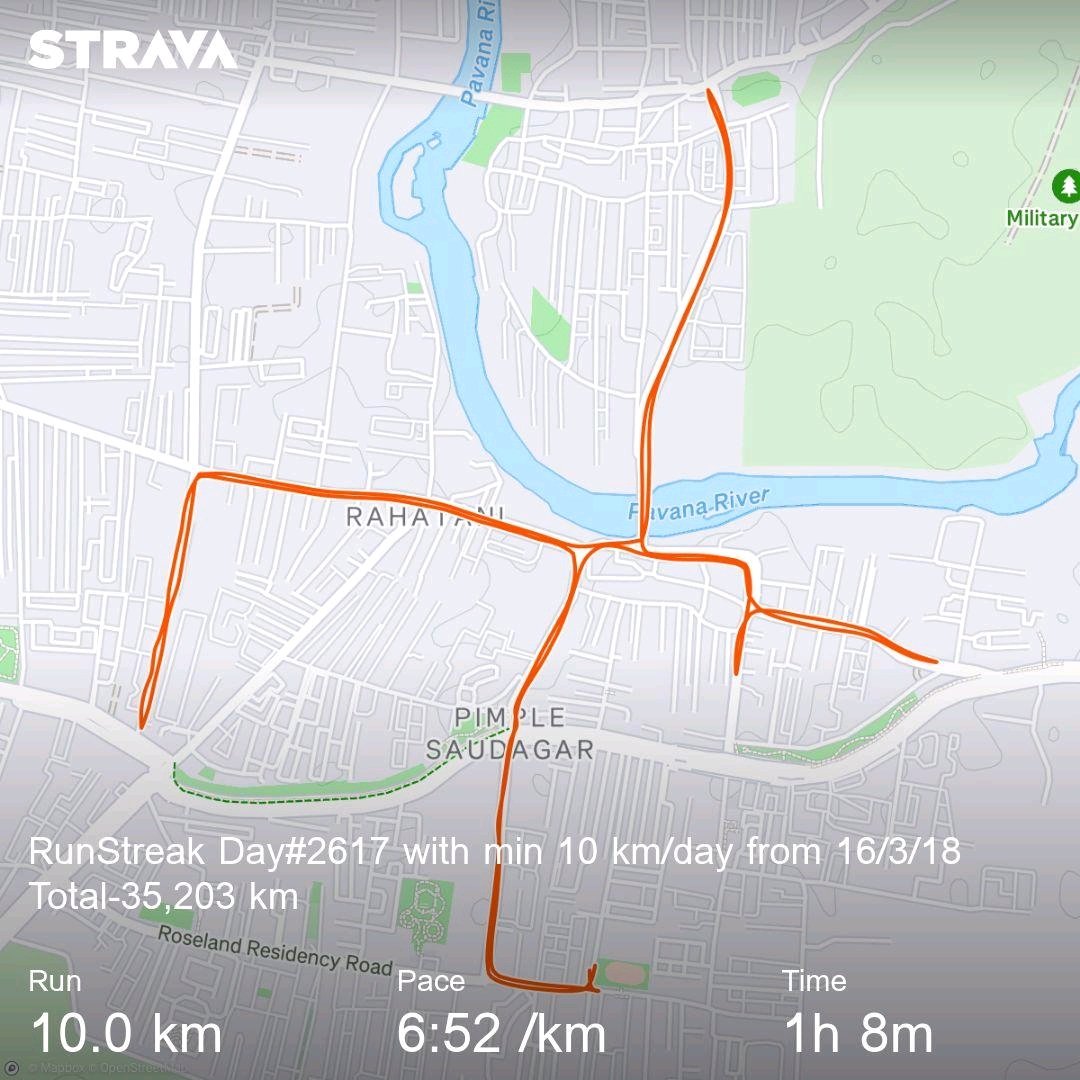 RunnerStreak's tweet image. RunStreak Day#2617 with min 10 km/day from 16/3/18 Total-35,203 km
This Year -1670 km
😊🏃🏃♂️🏃🏃🏃🏃😊
#runners #fitindiamovement #fitness #athletics #streakrunning #NewIndiaFitindia #RunningStreak
#running #marathoner #runsteak #ultramarathon