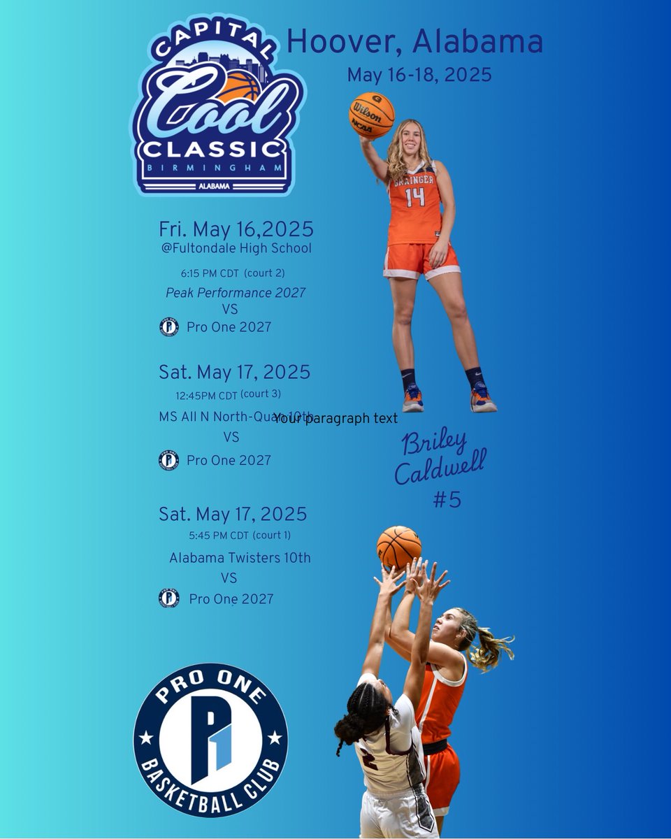 Briley Caldwell (@bcaldwell_14) on Twitter photo Ready to be back on the court with my <a href="/Pro1GirlsBball/">Pro One Basketball Club_ Girls</a> teammates this weekend! Come check us out at the Capital Cool Classic in Hoover, Alabama! Ready to be back on the court with my <a href="/Pro1GirlsBball/">Pro One Basketball Club_ Girls</a> teammates this weekend! Come check us out at the Capital Cool Classic in Hoover, Alabama!