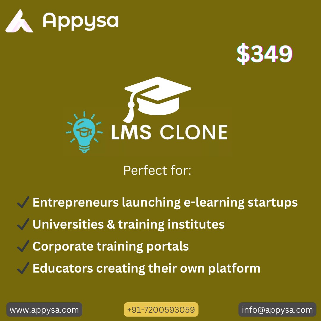 appysaa's tweet image. 🔥FLASH SALE: LMS Clone now $349 (was $499)!
Ideal for startups, educators &amp;amp; training institutes.
Offer expiring soon –act fast!
➡️appysa.com/lms-clone/
#USA #UAE #LMSClone #StartupTools #eLearningPlatform #CourseBuilder #TrainingSoftware #OnlineLearning #Appysa #USA #UK #china