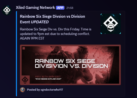 HEY YOU! YEAH YOU! Do you like R6 and is in the market for some friends to play with and play against other people? If you said yes then come join our Div v Div Event in R6 (Div member status needed) 

discord.gg/xgn