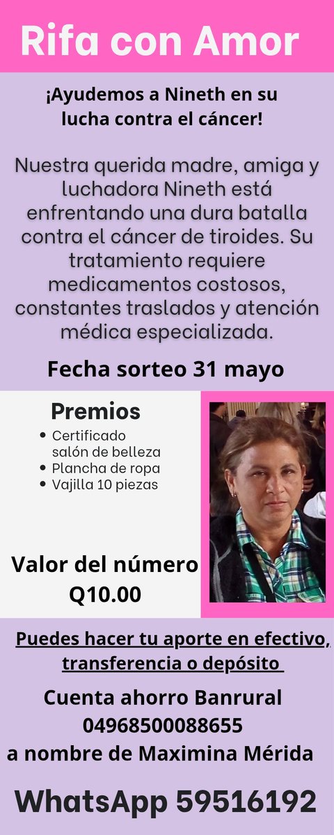 Ayúdame a ayudar a mi mamá

Hola a todos, con el corazón en la mano quiero pedir su apoyo para mi mamá, quien está enfrentando una dura batalla contra el cáncer. Hemos organizado una rifa con el propósito de recaudar fondos que nos ayuden a cubrir gastos médicos y tratamientos