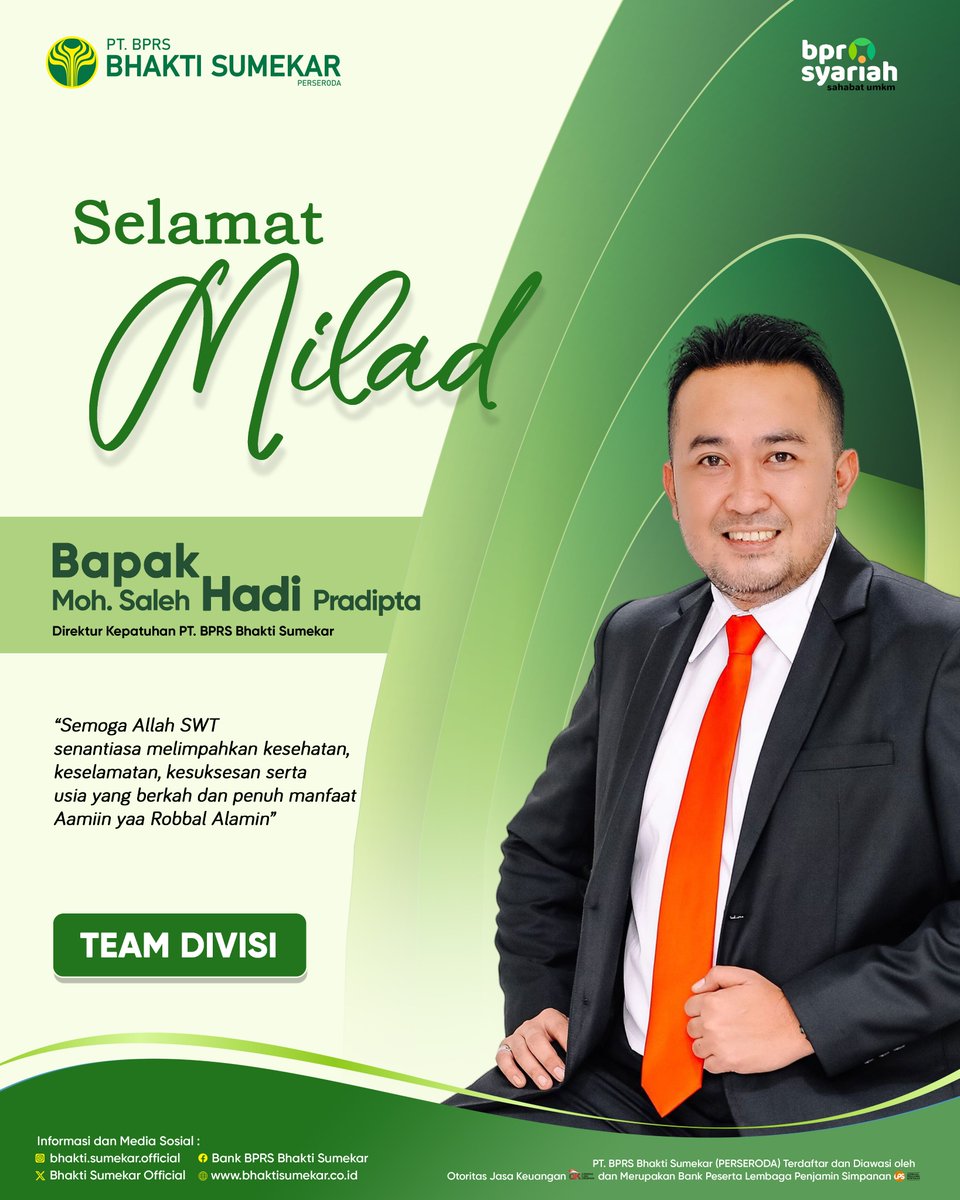 SumekarOfficial's tweet photo. Selamat Milad
Bapak Moh. Saleh Hadi Pradipta
Direktur Kepatuhan
PT. BPRS Bhakti Sumekar

Semoga Allah SWT senantiasa melimpahkan kesehatan, keselamatan, kesuksesan serta usia yang berkah dan penuh manfaat
Aamiin yaa rabbal alamin https://t.co/vVzbDPNFon