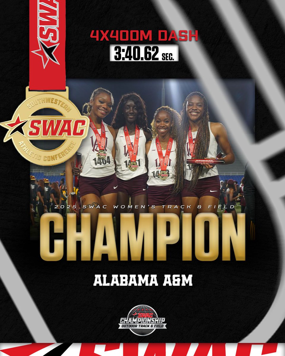 Southwestern Athletic Conference (@theswac) on Twitter photo ๐ฅ ๐๐๐๐ ๐๐ก๐๐ฆ๐ฉ๐ข๐จ๐ง๐ฅ
Alabama A&M is the winner of the #SWACOTF Women's 4x400m Dash! They their season best with a time of 3:40.62, which now ranks them #77 in the nation for Division I Womenโs Outdoor Track & Field 4x400m Dash!
#SWACOTF | #BuildingChampionsForLife ๐ฅ ๐๐๐๐ ๐๐ก๐๐ฆ๐ฉ๐ข๐จ๐ง๐ฅ
Alabama A&M is the winner of the #SWACOTF Women's 4x400m Dash! They their season best with a time of 3:40.62, which now ranks them #77 in the nation for Division I Womenโs Outdoor Track & Field 4x400m Dash!
#SWACOTF | #BuildingChampionsForLife
