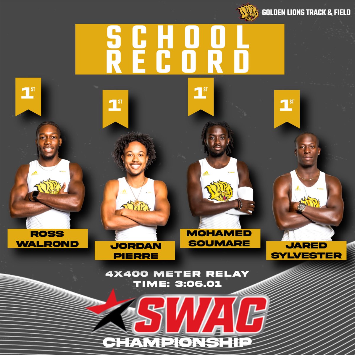 CHAMPS &amp; RECORD BREAKERS! 🏆🔥
The Golden Lions 4x400m relay squad dominated the SWAC Championship, bringing home 1st place with a blazing school record time of 3:06.01!
Speed. Precision. History. 🦁💨