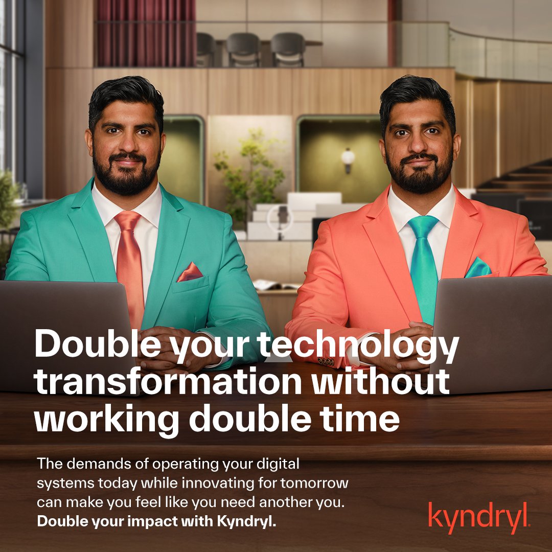 Double your technology transformation without working double time.
 
We are committed to supporting your #digitaltransformation journey by providing essential enterprise technology services and accelerating future innovations.

Double your impact with <a href="/Kyndryl/">Kyndryl</a>: