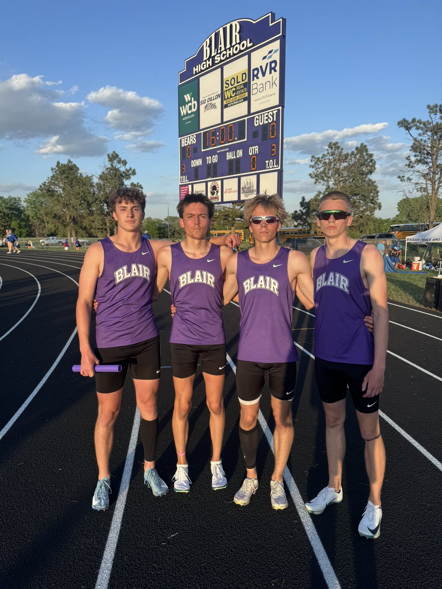 BLAIR Track & Field (@blairtrackteam) on Twitter photo Here are your NEW SCHOOL RECORD holders in the 4x400 Meter Relay!! Their time of 3:21.87 breaks the previous record of 3:23.67 set in 2023.
Congrats Declan, Colin, Chase and Hayden!!
#BlairBears <a href="/BHSBlair/">Blair High School</a> <a href="/EntPubSports/">Washington County Enterprise Sports</a>
<a href="/PrepRunningNerd/">Prep Running Nerd</a> Here are your NEW SCHOOL RECORD holders in the 4x400 Meter Relay!! Their time of 3:21.87 breaks the previous record of 3:23.67 set in 2023.
Congrats Declan, Colin, Chase and Hayden!!
#BlairBears <a href="/BHSBlair/">Blair High School</a> <a href="/EntPubSports/">Washington County Enterprise Sports</a>
<a href="/PrepRunningNerd/">Prep Running Nerd</a>