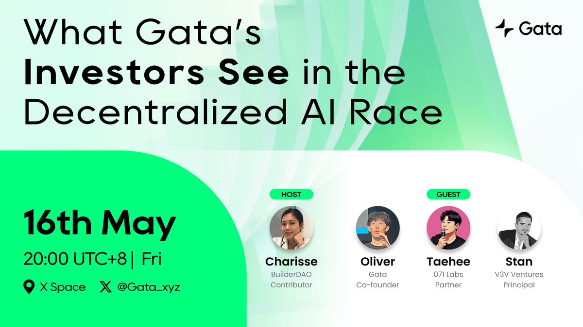 Join us this Friday, May 16 at 20:00 UTC+8 for an exclusive space:
“What GATA’s Investors See in the Decentralized AI Race” 

Set a reminder &amp; join the convo:
x.com/i/spaces/1YqJD…

Speakers:
<a href="/oliverrr_shen/">Oliver</a>  ,Co-founder of <a href="/Gata_xyz/">Gata</a>
<a href="/taeheecrypto/">Tae Hee</a> , Partner of <a href="/071_labs/">071labs</a>
@ Stan,