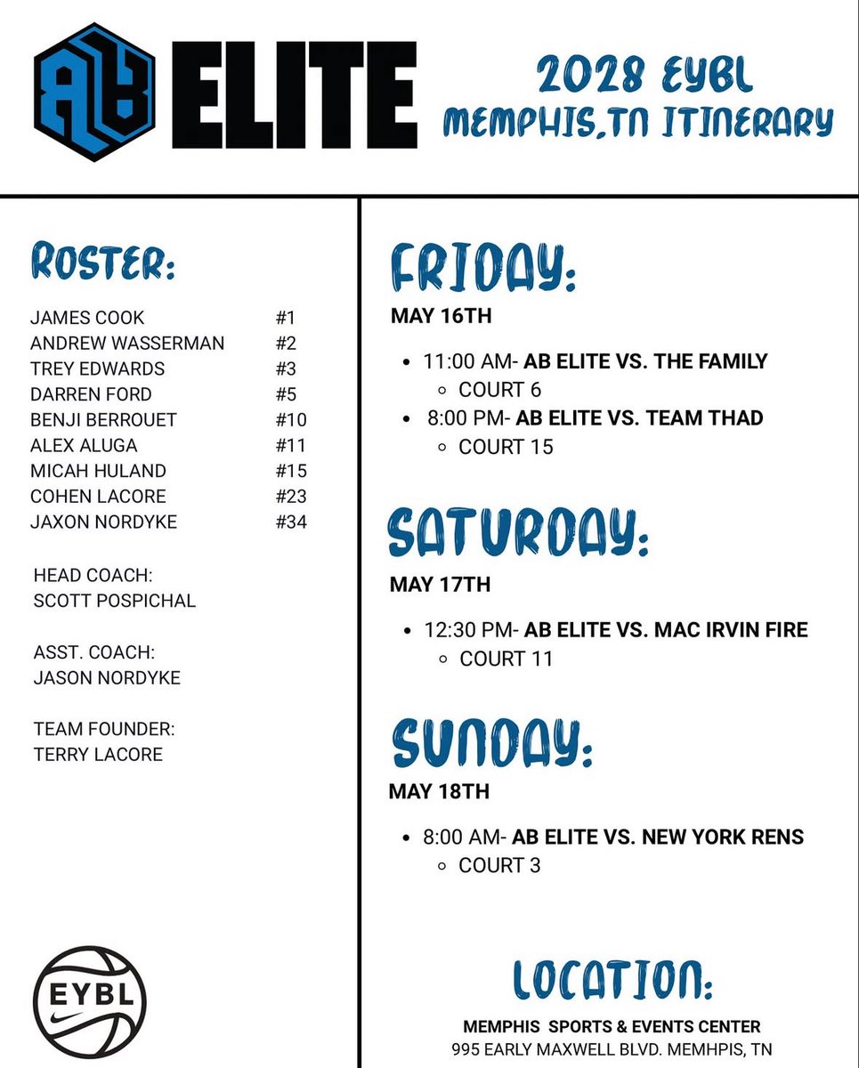 To all coaches, here is my EYBL schedule for this week in Memphis <a href="/teamabelite/">AB Elite</a>