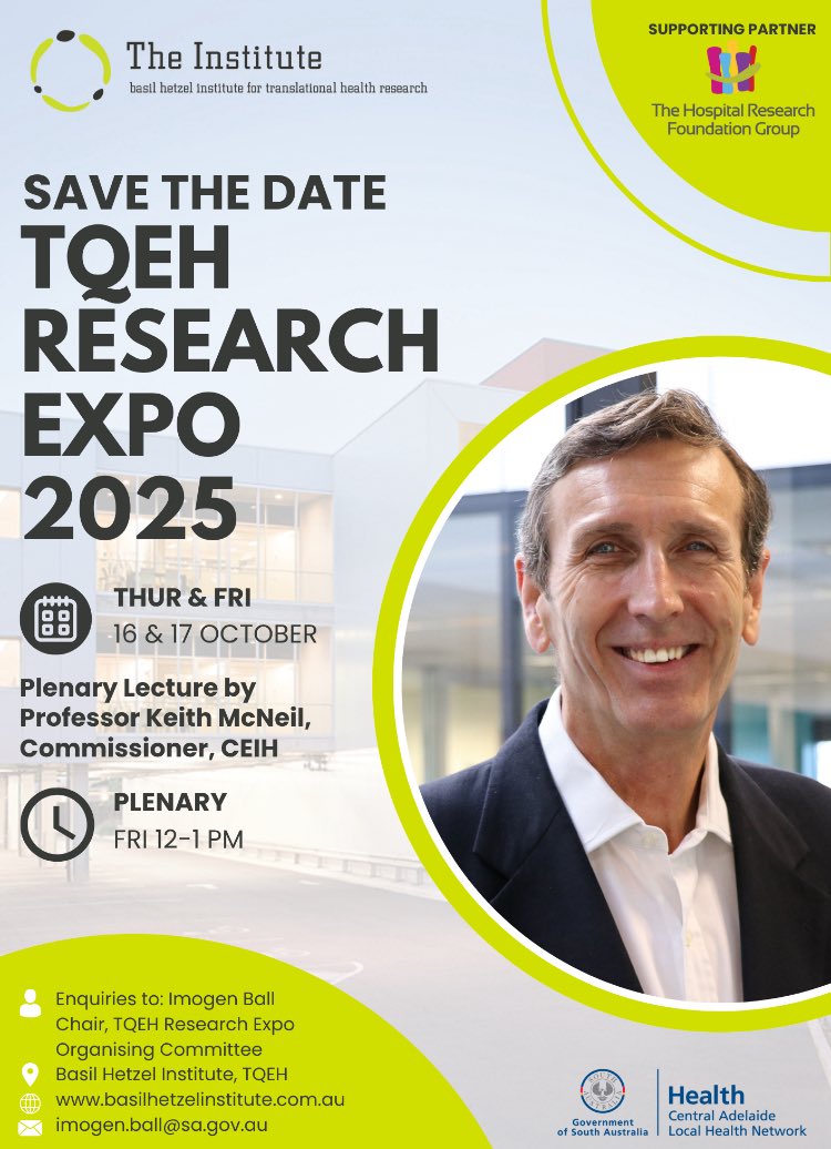 Basil Hetzel Institute (@bhiresearch) on Twitter photo Save the Date for TQEH Research Expo 2025 being held on Thurs 16th and Fri 17th of October
We look forward to seeing you there!
<a href="/SAHealth/">SA Health</a> <a href="/CentralAdlLHN/">Central Adelaide</a> <a href="/hosp_research/">The Hospital Research Foundation Group</a> <a href="/UniofAdelaide/">Uni of Adelaide</a> <a href="/UniversitySA/">UniSA</a> #BHIresearch #TQEHresearch #TQEHExpo2025 Save the Date for TQEH Research Expo 2025 being held on Thurs 16th and Fri 17th of October
We look forward to seeing you there!
<a href="/SAHealth/">SA Health</a> <a href="/CentralAdlLHN/">Central Adelaide</a> <a href="/hosp_research/">The Hospital Research Foundation Group</a> <a href="/UniofAdelaide/">Uni of Adelaide</a> <a href="/UniversitySA/">UniSA</a> #BHIresearch #TQEHresearch #TQEHExpo2025