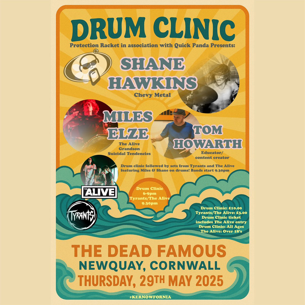 Big News drummers &amp; music fans of Cornwall! Protection Racket is stoked to Co-host with Quick Panda Productions an exclusive night of drums and music with Shane Hawkins (Chevy Metal) Miles Elze (The Alive//Grandson//Suicidal Tendencies) and Cornwall's very own Tom Howarth ☀️☀️☀️