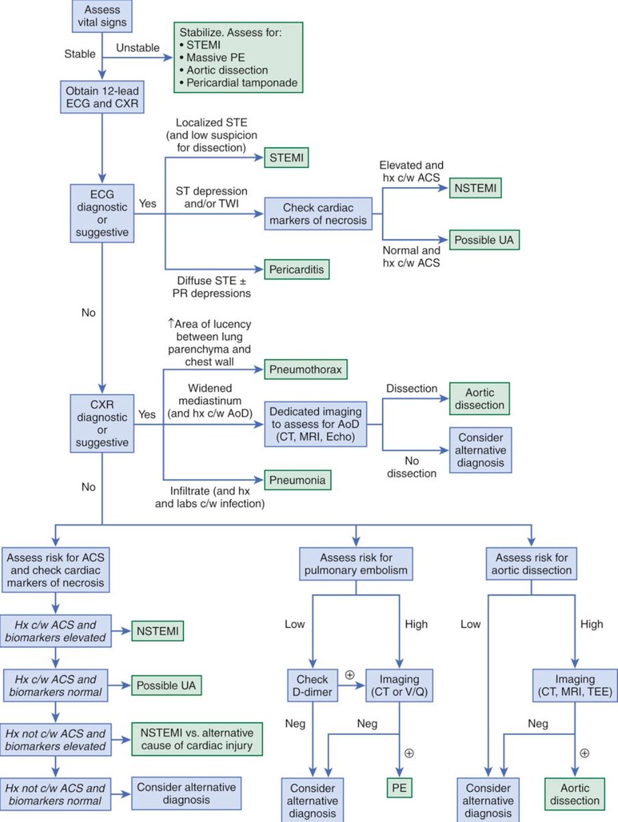 Chest pain: What’s the next step?
This diagnostic algorithm guides the initial evaluation of chest pain.

Start with vitals, ECG &amp; CXR.
1️⃣  ST elevation? Think STEMI or pericarditis.
2️⃣ ST depression or T wave inversion? Check troponins—could be NSTEMI or UA.
3️⃣  Abnormal CXR?