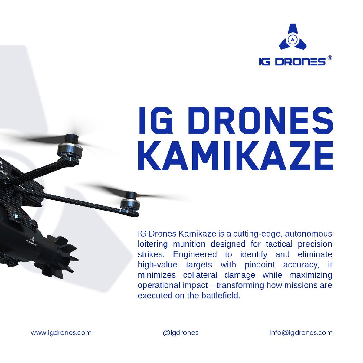 IGDefence's tweet photo. @IGDrones Kamikaze – Built for India, with power and precision.
🎯 Finds and hits targets with high accuracy
🛰️ Flies over conflict zones, sends live intel, strikes at the right time
🚁 Lightweight and easy to deploy anywhere, anytime
#IGDronesKamikaze #SmartStrike #Precision https://t.co/vn3bF5Iyd3