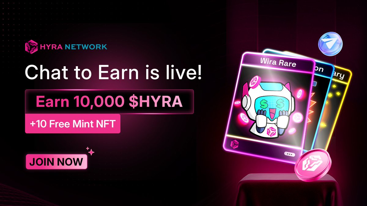 🚨CHAT TO EARN: Become Hyra's top active members &amp; win big💬

The OG NFT collection Hyra Wira is loading. Here you go with the warm-up mission before the mint drops🪩

🗓 May 14 → May 20
💰 10,000 $HYRA + 10 Free Mint NFT slots
🏆 Top 10 chattiest, most helpful Web3 legends win!