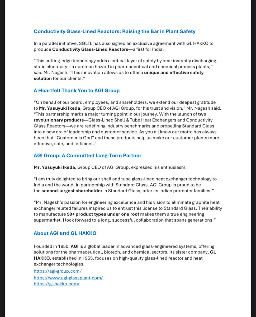 Portfolio_Bull's tweet photo. STANDARD GLASS LINING LTD βΌοΈ
π¨ Company launched glass-lined heat exchangers with AGI Group partnership starting production from Q4FY26 & having βΉ2,000 Cr. market potential π₯
#Standardglass #stockmarketupdates https://t.co/ySQFvB0w0A