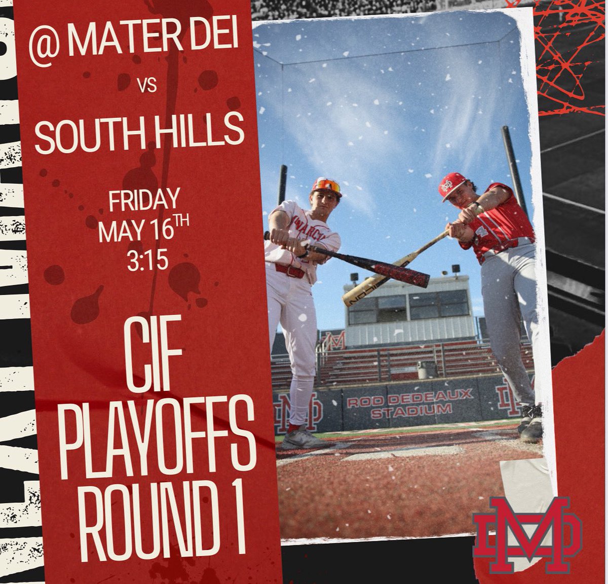 Mater Dei Baseball (@mdhs_baseball) on Twitter photo CIF Playoffs start this Friday!!
Round 1 vs South Hills
3:15pm @ Rod Dedeaux Stadium @ MDHS
#weareMD #MDfamily <a href="/MD_Athletics/">Mater Dei Athletics</a> CIF Playoffs start this Friday!!
Round 1 vs South Hills
3:15pm @ Rod Dedeaux Stadium @ MDHS
#weareMD #MDfamily <a href="/MD_Athletics/">Mater Dei Athletics</a>