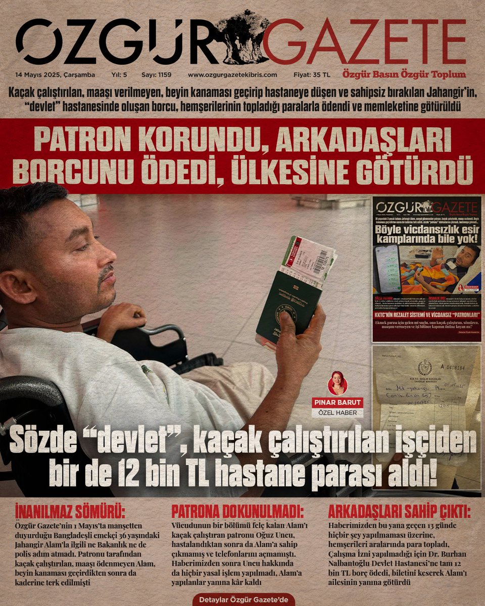 📌Kaçak çalıştırılan, maaşı verilmeyen, beyin kanaması geçirip hastaneye düşen ve sahipsiz bırakılan Jahangir'in, "devlet" hastanesinde oluşan borcu arkadaşları tarafından ödendi ve Jahangir memleketine götürüldü. Sözde patronu ise bizzat "devlet" tarafından korundu!