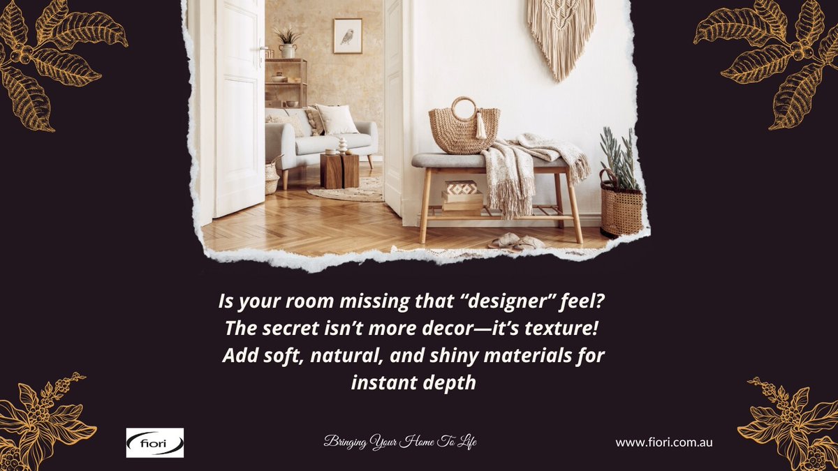 Fiori_aus's tweet photo. Is your room missing that “designer” feel? 
The secret isn’t more decor—it’s texture! Add soft, natural, and shiny materials for instant depth. ✨ 
Try a velvet cushion, a chunky throw, or a jute rug—your space will thank you.
#InteriorDesign #HomeStyling #TextureTips https://t.co/UOiZpFsuMU