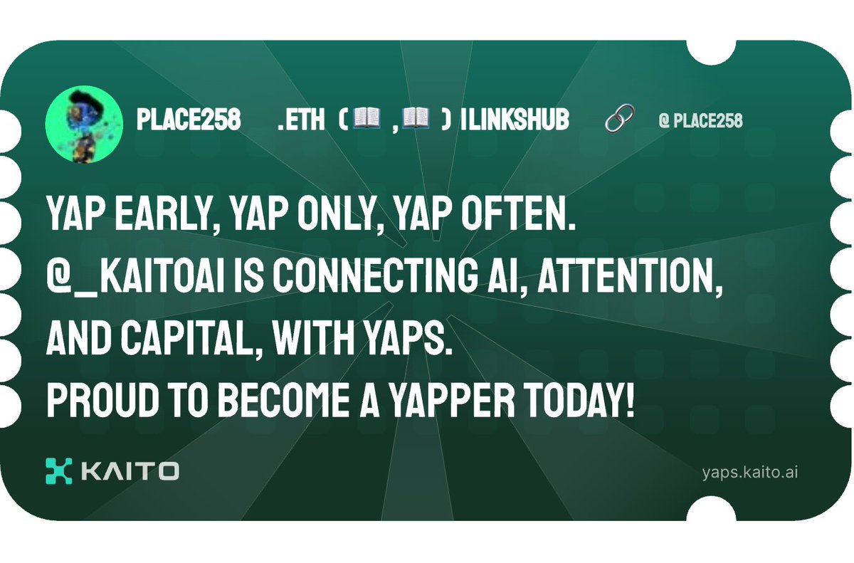 place258's tweet photo. Yap early, yap only, yap often.

@KaitoAI is connecting AI, attention and capital with Yaps.

Just claimed my social card and I'm accumulating Yap points in real-time.

Claim yours 👉 https://t.co/ej7FNAjRat https://t.co/f4fsQu24G3