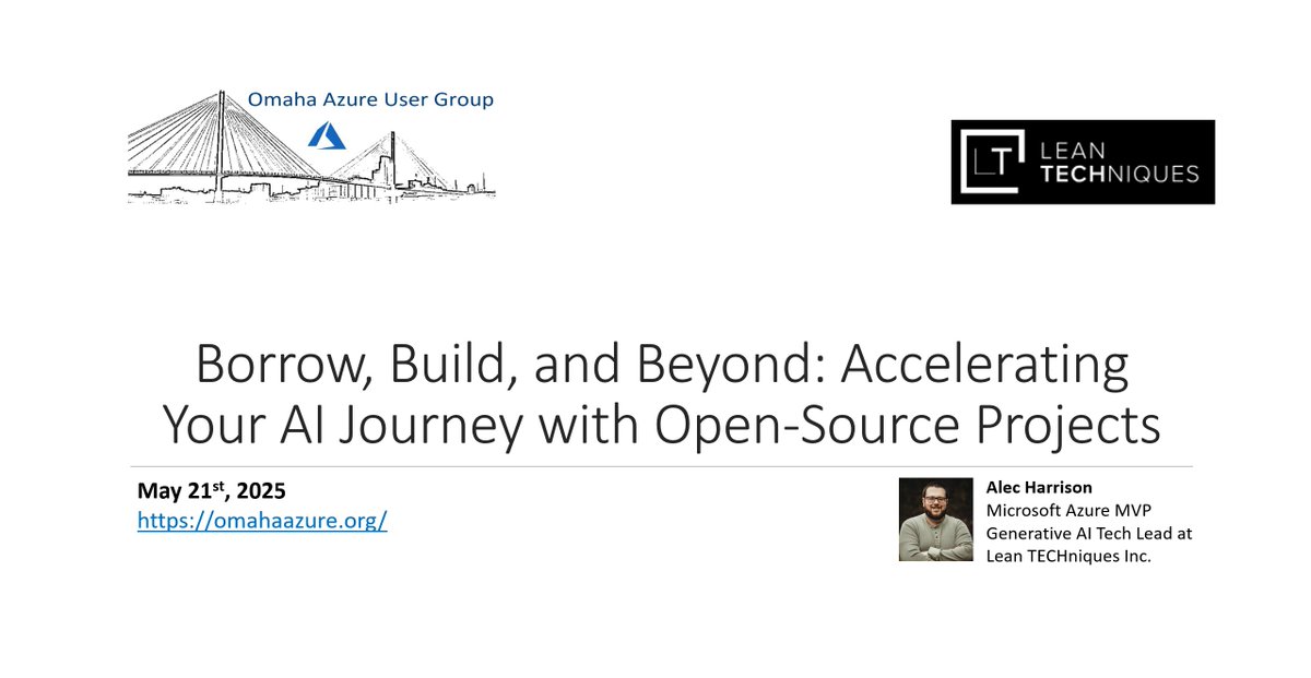 Omaha Azure User Group (@omahaazure) on Twitter photo Our next meeting will be on May 21 at 6 PM CT. Alec Harrison will be our guest speaker, and <a href="/leantechniques/">Lean TECHniques</a> will sponsor the meeting. For more details, please visit - omahaazure.org/omaha-azure-us…
Mark your calendars and register now! We look forward to seeing you there! Our next meeting will be on May 21 at 6 PM CT. Alec Harrison will be our guest speaker, and <a href="/leantechniques/">Lean TECHniques</a> will sponsor the meeting. For more details, please visit - omahaazure.org/omaha-azure-us…
Mark your calendars and register now! We look forward to seeing you there!