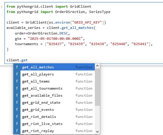 I'm releasing a Python library to help LoL analysts get started with the GRID API.

The library handles rate rate limiting and authentication for you so with a few lines of code, you have access to match data, replay downloads and the ability to search for games!