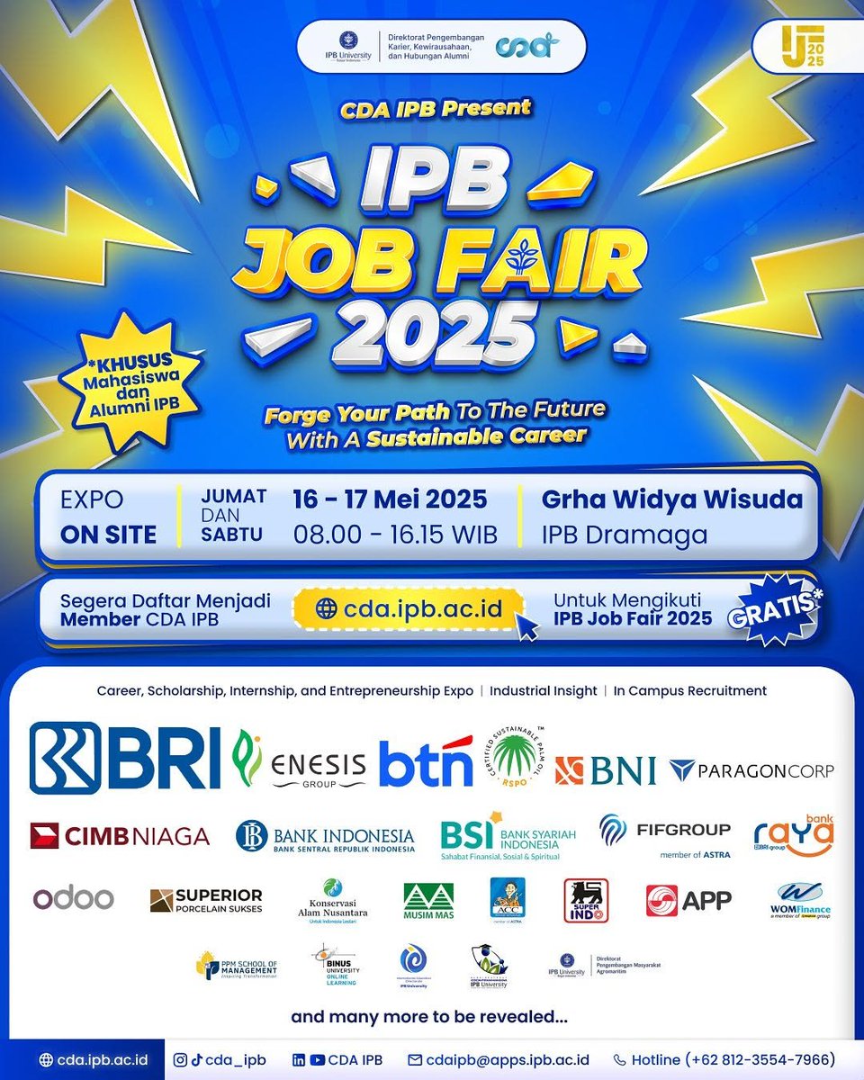 IDJobfair's tweet photo. Jobseekers wargi Bogor, hayuk cobain Jobfair satu ini, mulai hari JUmat sd Sabtu, tanggal 16-17 Mei 2025. Terbuka khusus bagi mahasiswa dan alumni IPB.

Sumber: https://t.co/o5WmPgLjx2

#InfoJobfairMei2025 #InfoJobfairBogor2025 https://t.co/20caFW0PO7