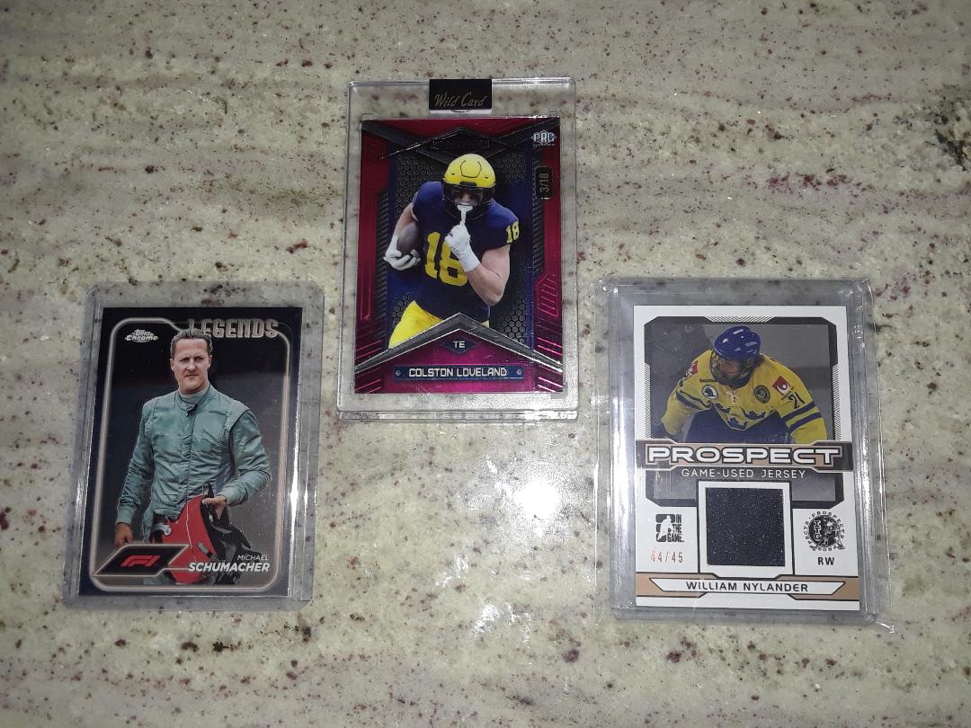 Recent card additions... Chelios RC, Lane Hutson Young Gun, Colston Loveland (Bears 1st rounder), William Nylander (pre-rookie relic) and a Michael Schumacher for good measure. <a href="/CardPurchaser/">Card Purchaser</a> <a href="/PuckJunk/">Sal J. Barry</a> <a href="/MDRANSOM1/">Ransom Cards</a>