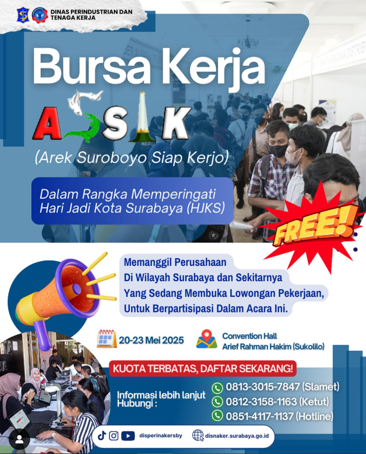 Ada arek-arek Suroboyo yang lagi cari kerja? Berlokasi di Convention Hall Arief Rahman Hakim, dan diselenggarakan selama 3 hari yaitu tanggal 20-23 Mei 2025, jobfair ini bisa kalian datangi lho!

Sumber: instagram.com/p/DIxaLnkvW_q/

#InfoJobfairMei2025 #InfoJobfairSurabaya2025