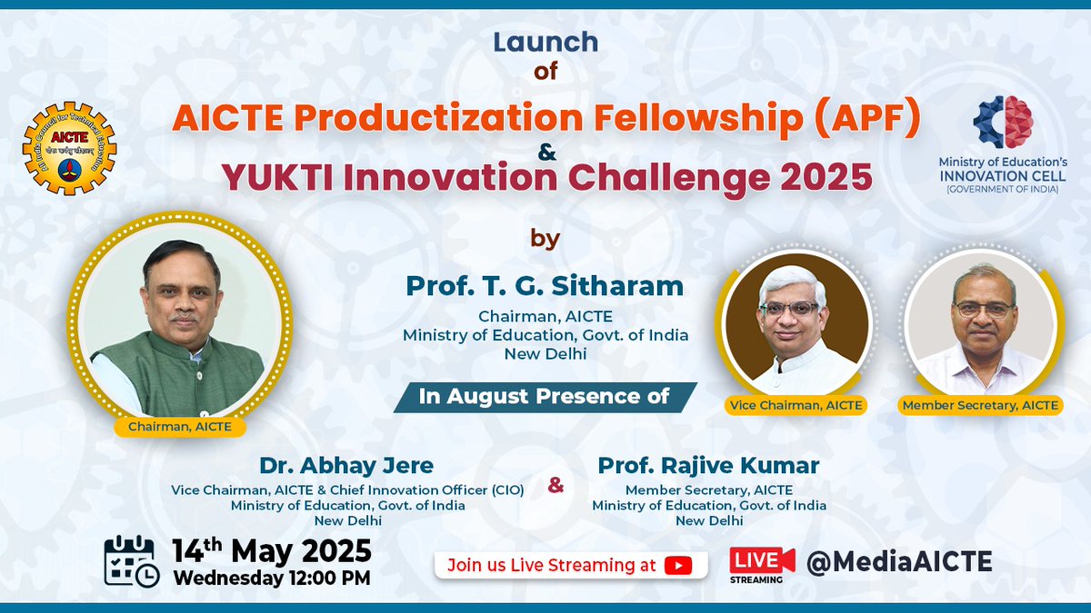 AICTE (@aicte_india) on Twitter photo Launch of AICTE Productization Fellowship (APF) & YUKTI Innovation Challenge 2025 by AICTE Chairman Prof. <a href="/SITHARAMtg/">TG SITHARAM</a> in the august presence of Vice Chairman Dr. <a href="/abhayjere/">Dr. Abhay Jere</a> and Member Secretary Prof. <a href="/ms_aicte/">Prof. Rajive Kumar</a> at 12 PM.
Watch Live: youtube.com/watch?v=lWd5dr… Launch of AICTE Productization Fellowship (APF) & YUKTI Innovation Challenge 2025 by AICTE Chairman Prof. <a href="/SITHARAMtg/">TG SITHARAM</a> in the august presence of Vice Chairman Dr. <a href="/abhayjere/">Dr. Abhay Jere</a> and Member Secretary Prof. <a href="/ms_aicte/">Prof. Rajive Kumar</a> at 12 PM.
Watch Live: youtube.com/watch?v=lWd5dr…