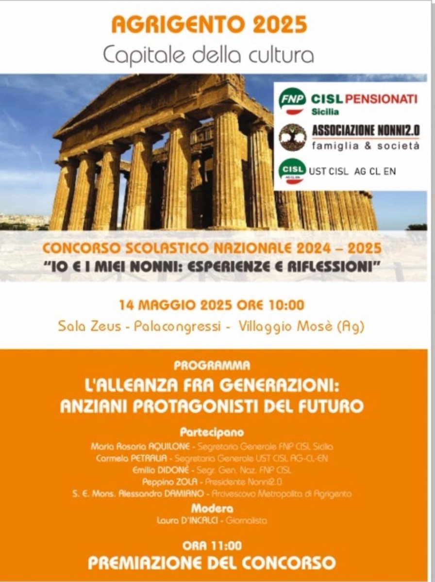 Fnp Cisl Agrigento Caltanissetta Enna (@fnp_ag_cl_e) on Twitter photo Concorso scolastico Nazionale 2024-2025
“Io e i miei Nonni :esperienza e riflessione“
L’alleanza fra generazioni :anziani protagonisti del futuro
Oggi 14 Maggio ore 10:00 Palacongressi Agrigento Villaggio Mose’
<a href="/RicottaRosolino/">Rosolino Ricotta</a> <a href="/FnpCisl/">Fnp Cisl</a> <a href="/FNPCISLSicilia/">FNP CISL Sicilia</a> <a href="/CislSicilia/">Cisl Sicilia</a> <a href="/CislAgclen/">Cisl Agrigento Caltanissetta Enna</a> Concorso scolastico Nazionale 2024-2025
“Io e i miei Nonni :esperienza e riflessione“
L’alleanza fra generazioni :anziani protagonisti del futuro
Oggi 14 Maggio ore 10:00 Palacongressi Agrigento Villaggio Mose’
<a href="/RicottaRosolino/">Rosolino Ricotta</a> <a href="/FnpCisl/">Fnp Cisl</a> <a href="/FNPCISLSicilia/">FNP CISL Sicilia</a> <a href="/CislSicilia/">Cisl Sicilia</a> <a href="/CislAgclen/">Cisl Agrigento Caltanissetta Enna</a>