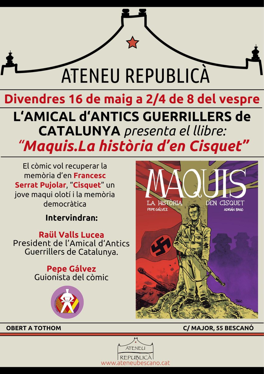 Bon dia,
Aquest divendres 16 de maig a 2/4 de 8 del vespre presentació del còmic “MAQUIS. LA HISTÒRIA D’EN CISQUET”. 
Més ℹ️ al cartell.

<a href="/CisquetMaqui/">#AmicalAnticsGuerrillersdeCatalunya</a> #Bescanó
