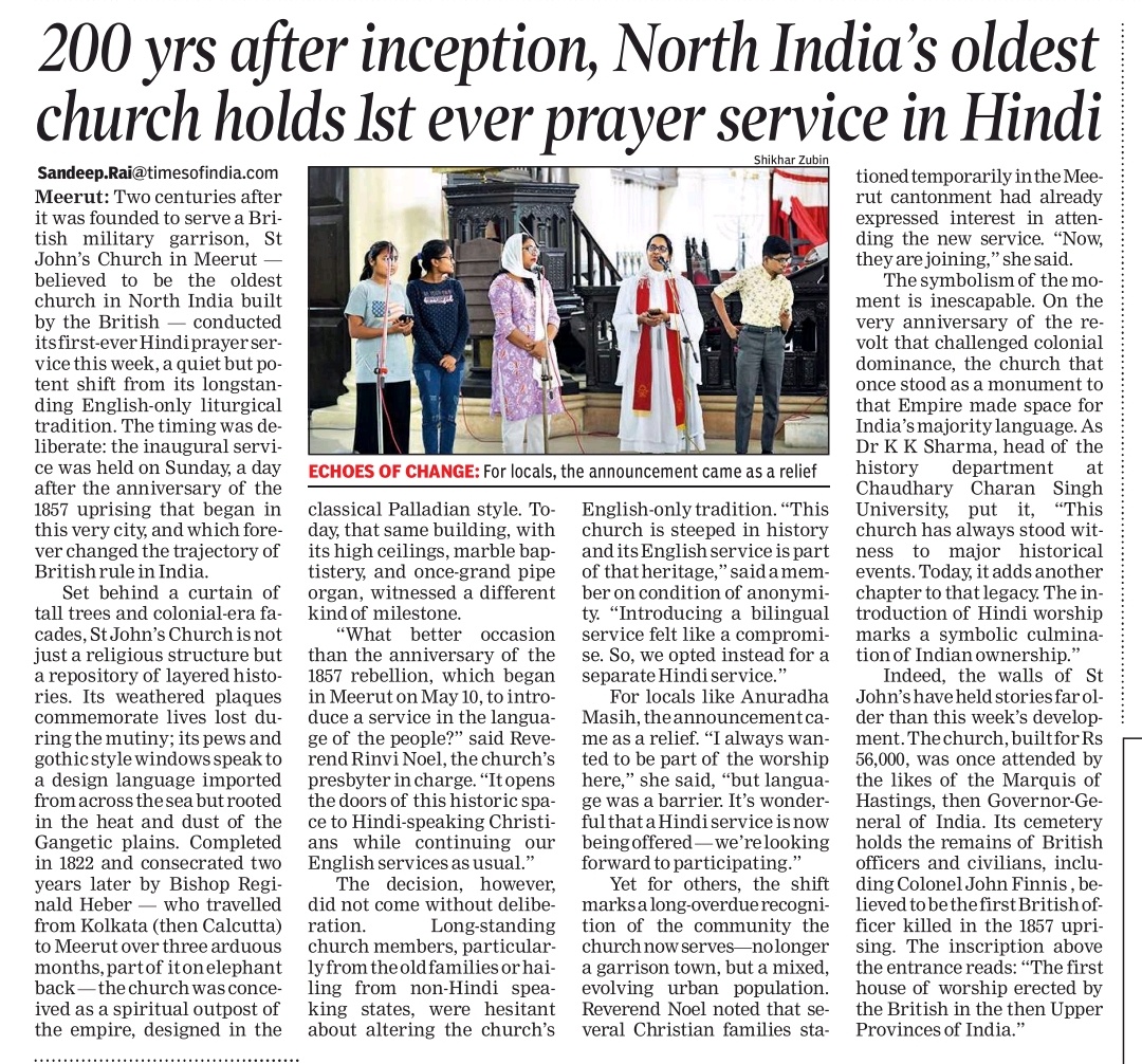 RaiSandeepTOI's tweet image. On the occasion of Shaheed Diwas, commemorating the May 10, 1857 uprising, North India’s oldest church—built by the British in 1819—held its first-ever prayer service in Hindi.
@timesofindia