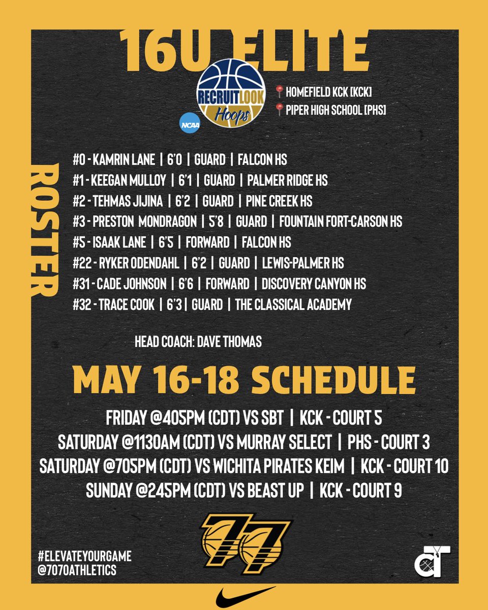 Weekend Schedule Release <a href="/RL_Hoops/">RecruitLook Hoops</a> Kansas City Live 

Team: 16U Elite 
HC: <a href="/CoachThomas32/">David Thomas</a> 

**Any schedule changes can be found on the Tourney Machine App**

#ElevateYourGame | #WeComin |  #LoyalToTheSprings